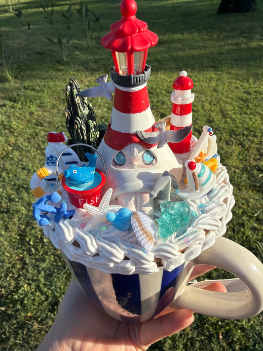 Ocean Dream Lighthouse Decoden Mug – Handcrafted Coastal Fantasy Cup