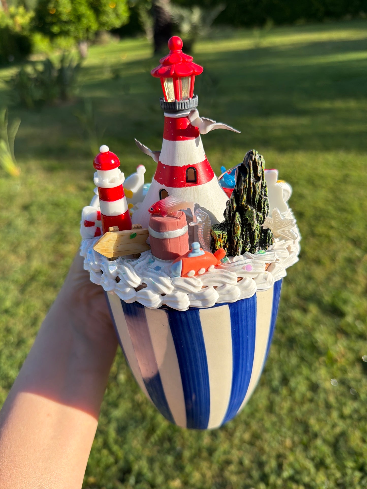 Ocean Dream Lighthouse Decoden Mug – Handcrafted Coastal Fantasy Cup