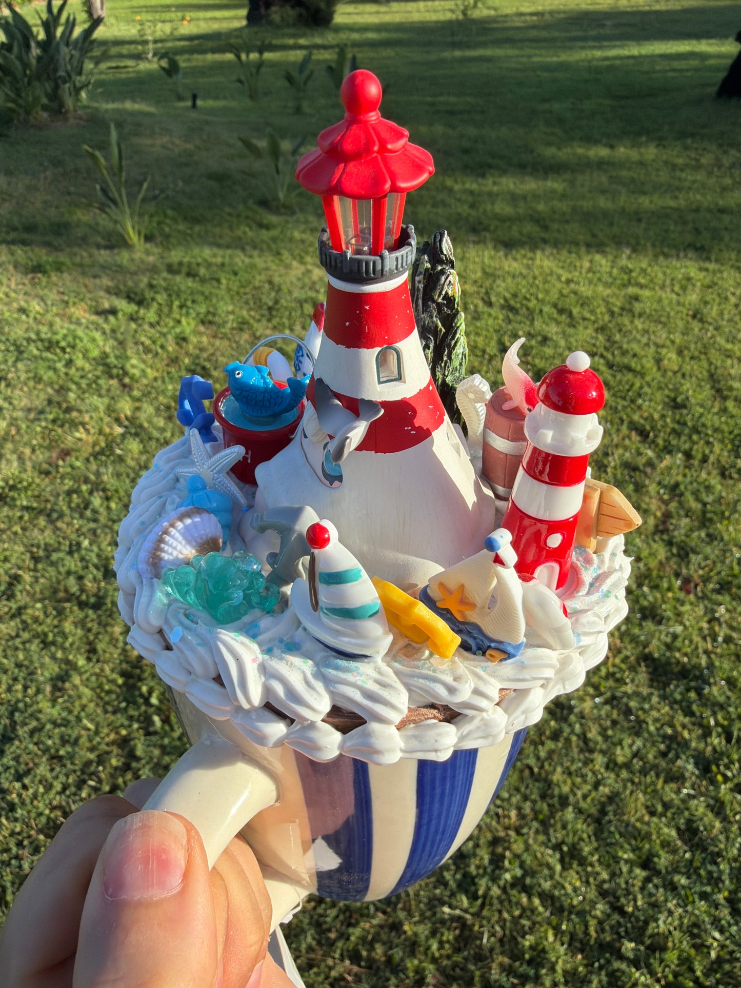 Ocean Dream Lighthouse Decoden Mug – Handcrafted Coastal Fantasy Cup