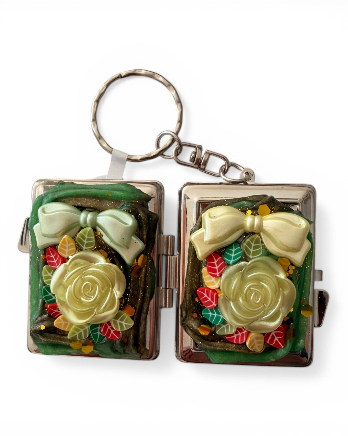 Handmade Decoden Locket Keychain – Custom Keepsake Edition Square Green Rose