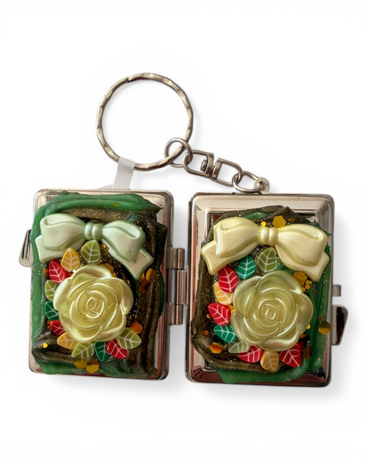 Handmade Decoden Locket Keychain – Custom Keepsake Edition Square Green Rose