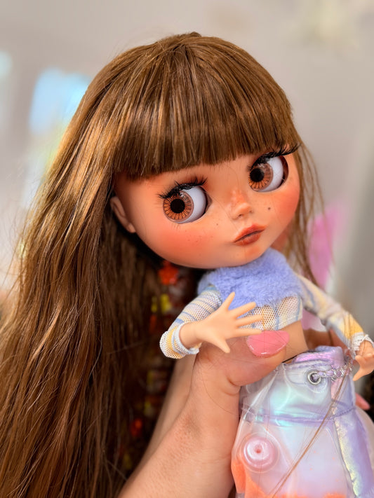 OOAK “Golden Bloom” Custom Blythe Doll – Hand Carved & Hand Painted