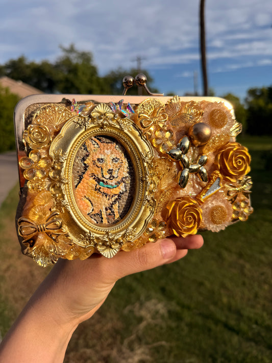 🐶✨ Golden Luxe Dog Decoden Pouch – Handcrafted Hand-Painted Clutch