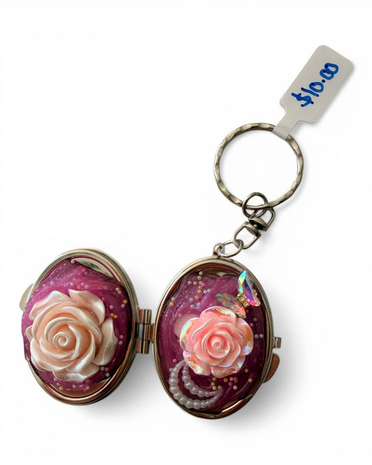 Handmade Decoden Locket Keychain – Custom Keepsake Edition Oval Pink Rose